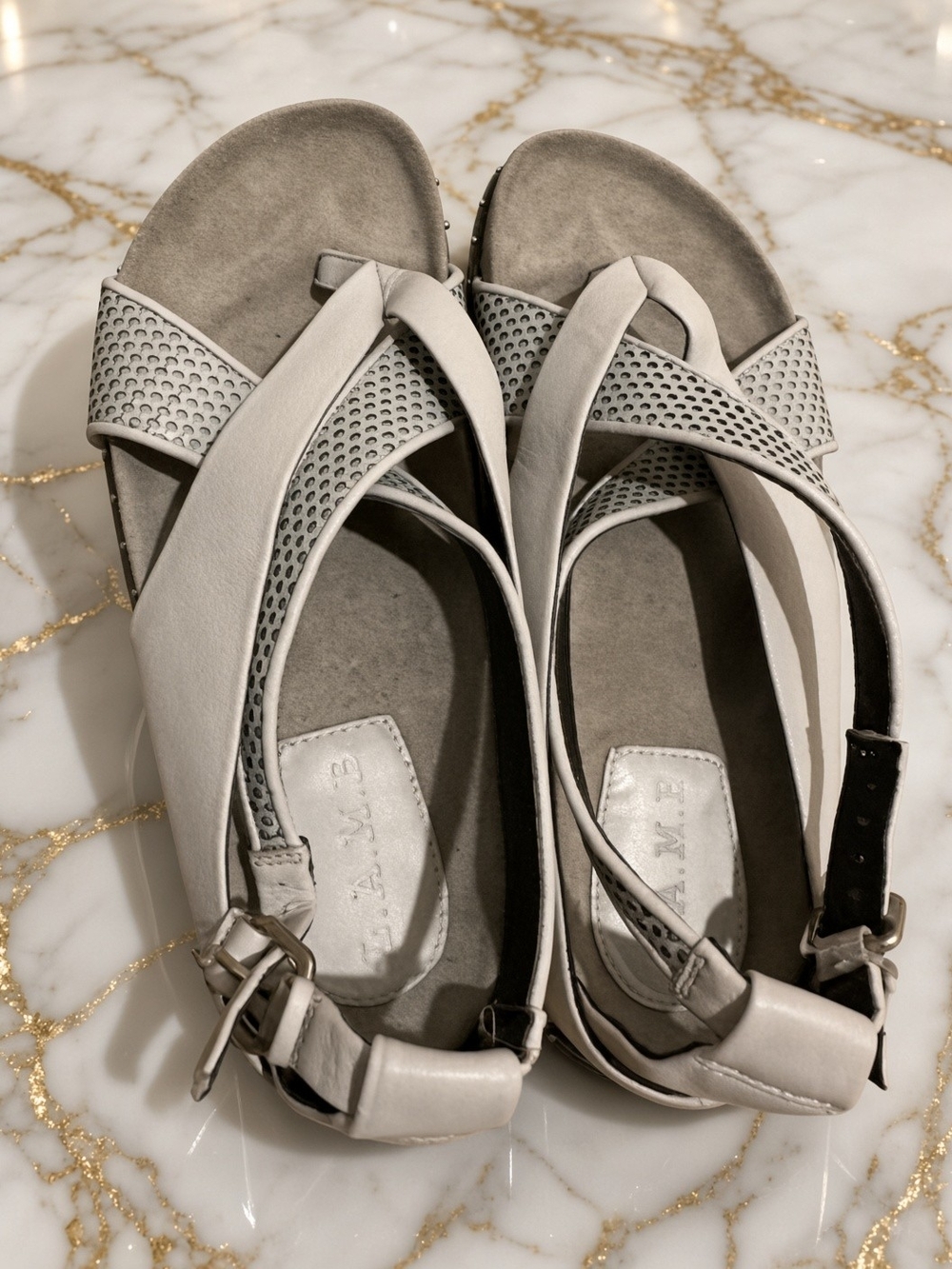 L.A.M.B. Leather Light Gray Crisscross Perforated Sandals